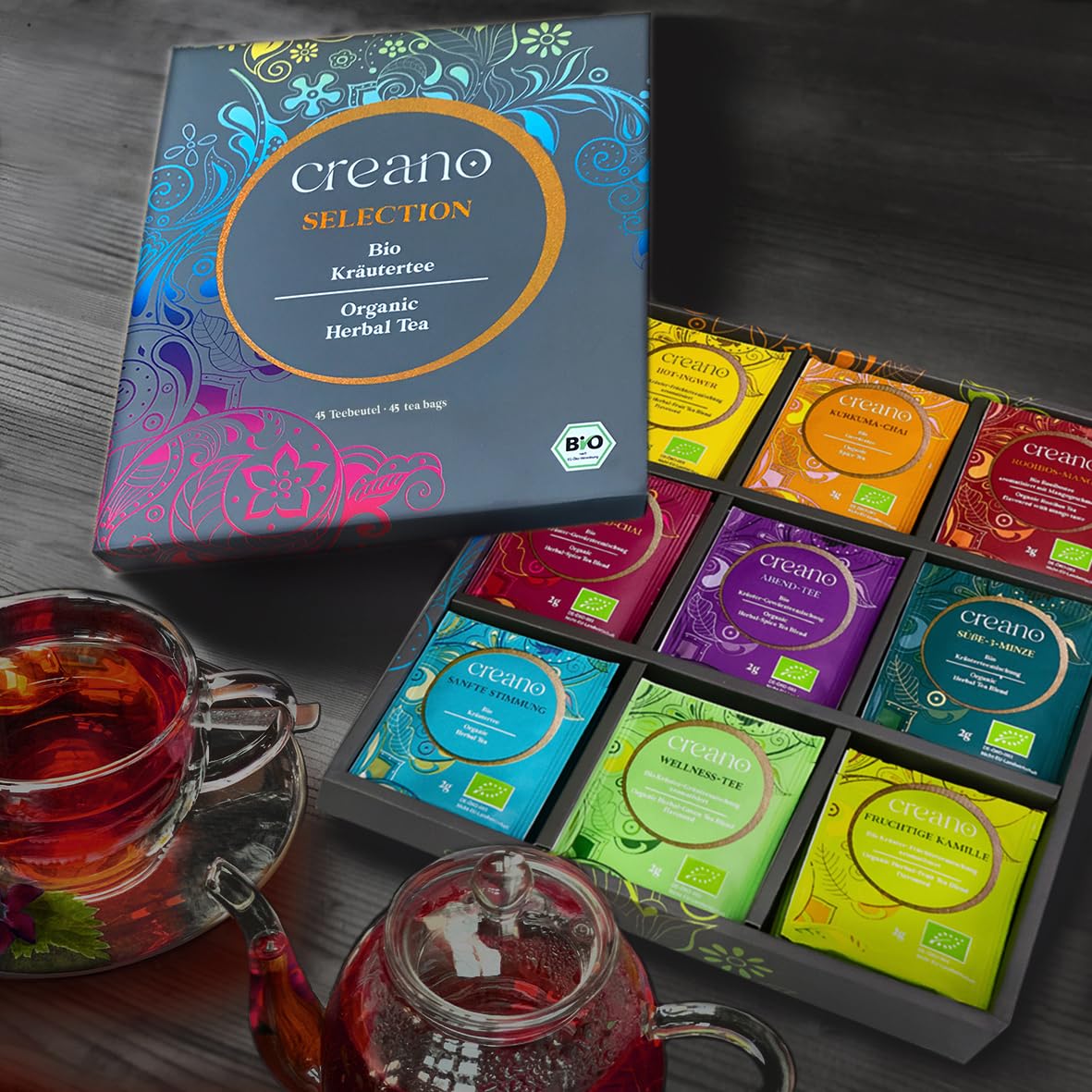 Creano Organic Herbal Tea Gift Set - 45 Organic Tea Bags in 9 Different Varieties - 90 g - Novelty 2023