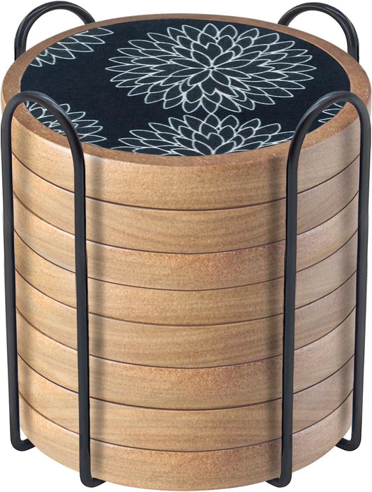 Wood Coasters Set of 8 with Holder, Cewiru Cup Mat for Drinks, Absorbent Coasters with Felt Insert for Coffee Table Protection, Modern Style Home Dining Table Decor, 4.3" Black
