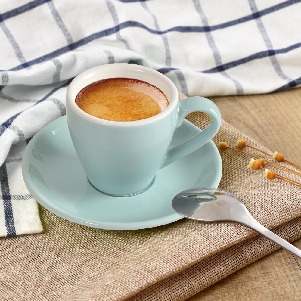 Porcelain Espresso Cup with Saucer And Stainless Steel mini Spoons, Espresso shot Cup, 80ml/2.7Oz, Pack of 2, Blue