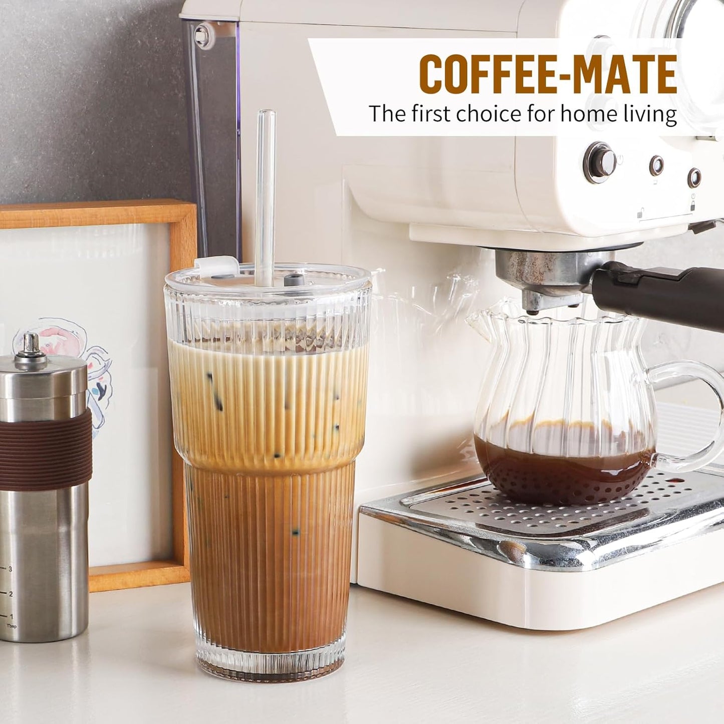 20 oz Glass Cup with Lid and Straw, Glass Tumbler with Straw and Lid, Vintage Glassware for Whiskey Cocktail Beer, Iced Coffee Cups with Lid (3 PACK)