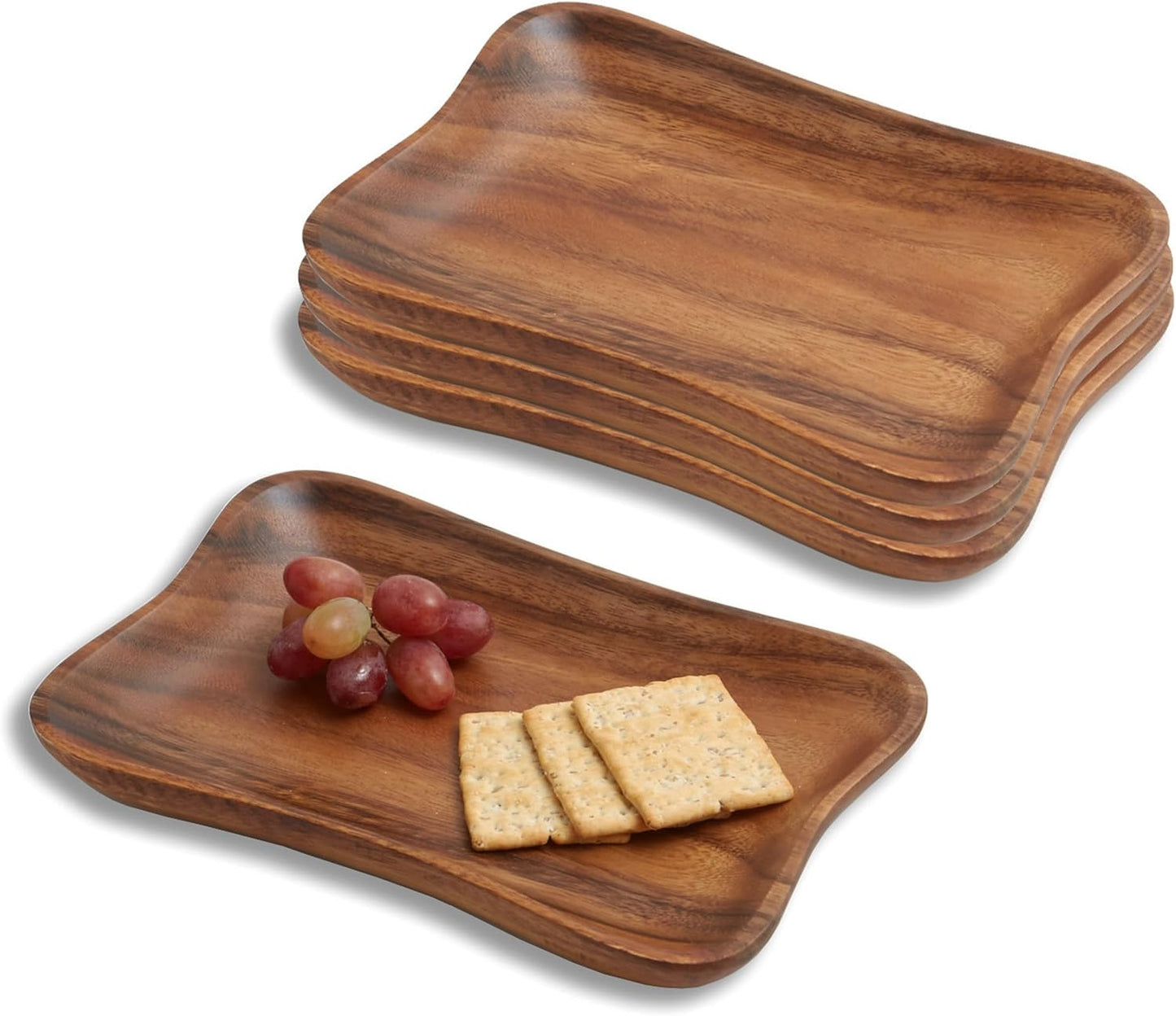 Woodard & Charles Set of 4 Acacia Wood Pinched Tray for Charcutreie, Sushi, Dessert, Sandwiches and More, 9.5" x 6" x 0.75"