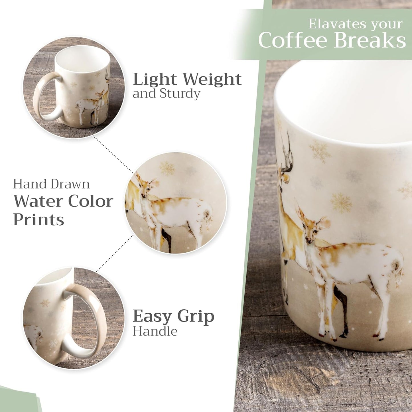 Maison d' Hermine Coffee Mug with Handles Fine Bone China Mugs Pack of One Tea Cups for Hot Beverages Cappuccino Latte Home Restaurant Office Perfect for Gift (Deer In The Woods - Oh Deer, 12 Ounce)