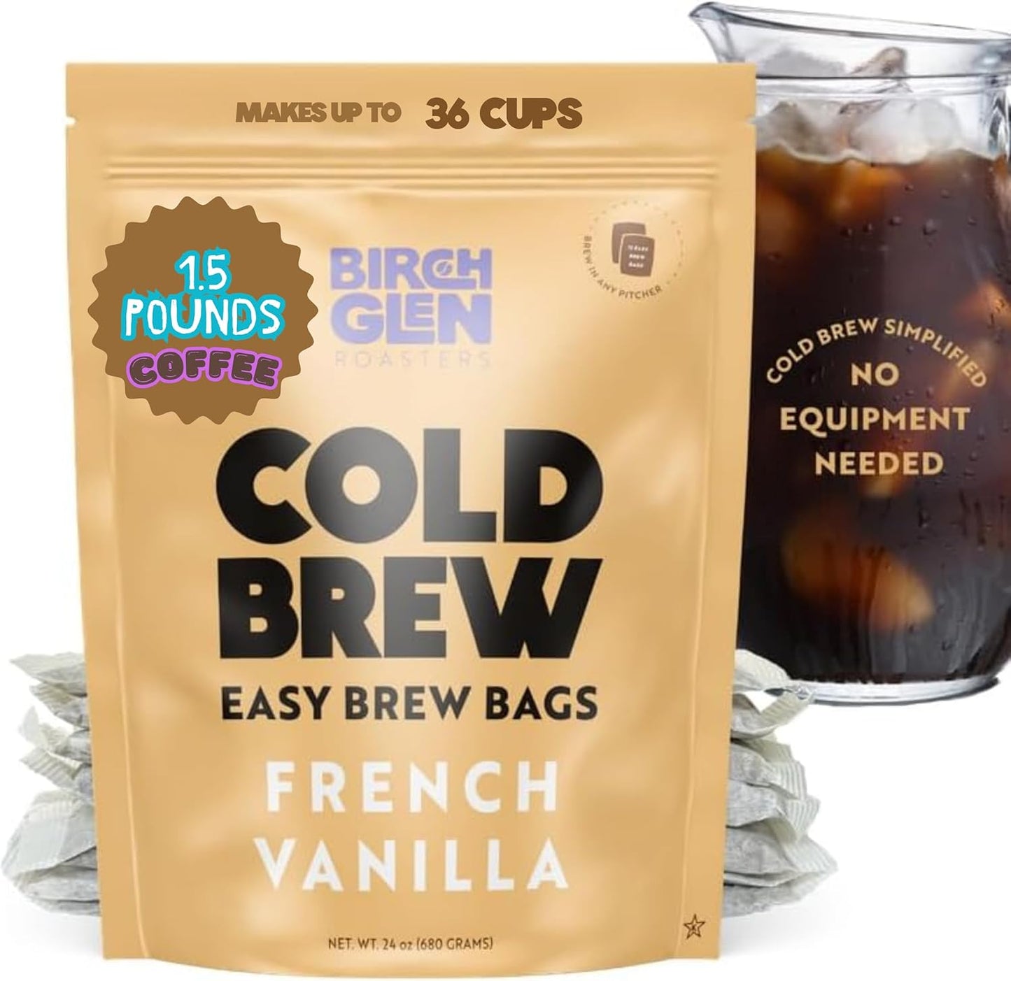 Birch Glen Roasters Cold Brew Coffee Bags - 12 Pack of Coarse Ground Coffee Filter Pitcher Packs for Easy Brewing - 100% Arabica - Yields 6 Pitchers - French Vanilla Flavor