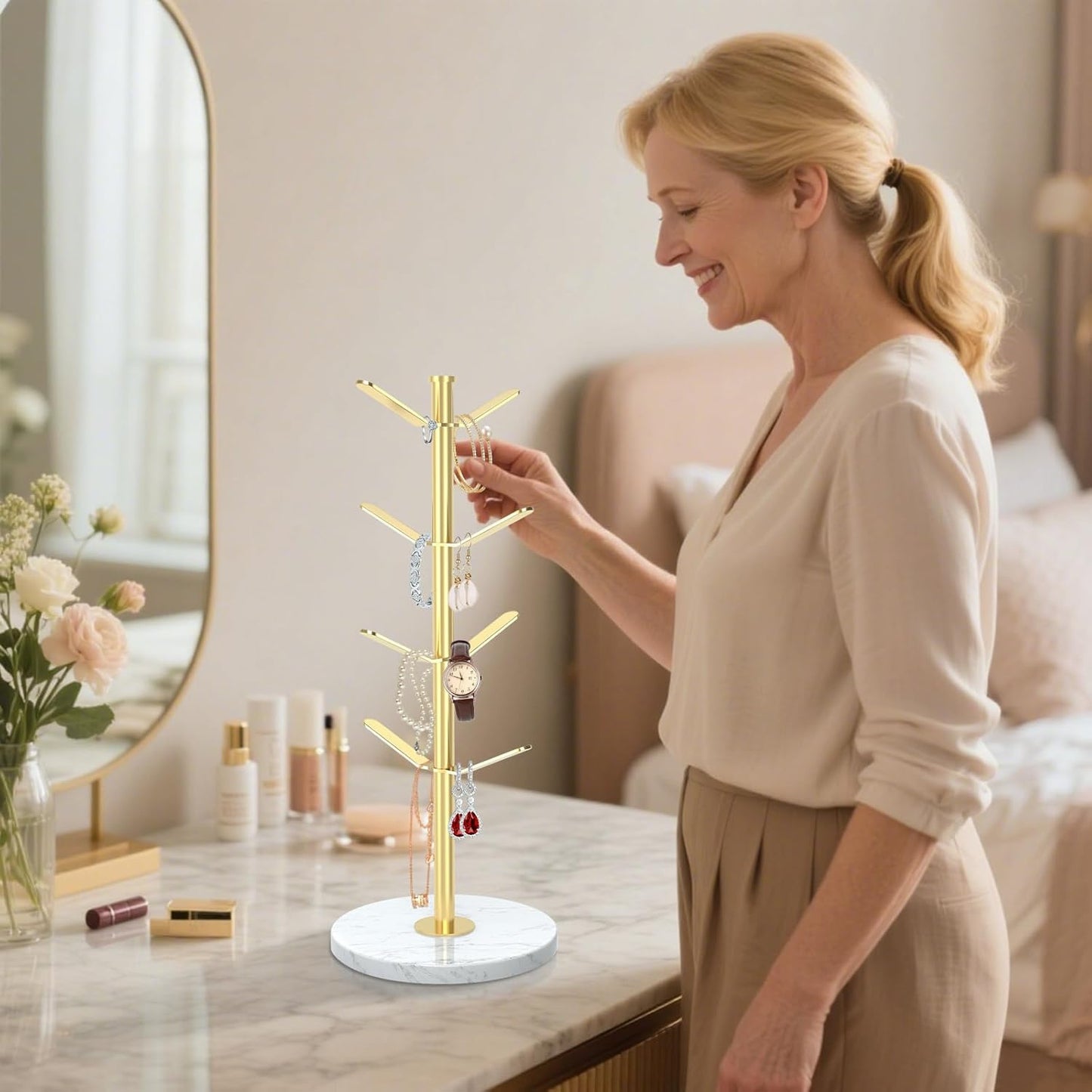 Marble Mug Holder Tree with 8 Hooks, Stainless Steel Coffee Cup Holder, Non-Slip Silicone Pads, Heavy Duty Marble Base, Countertop Organizer for Kitchen & Cafe, Gold