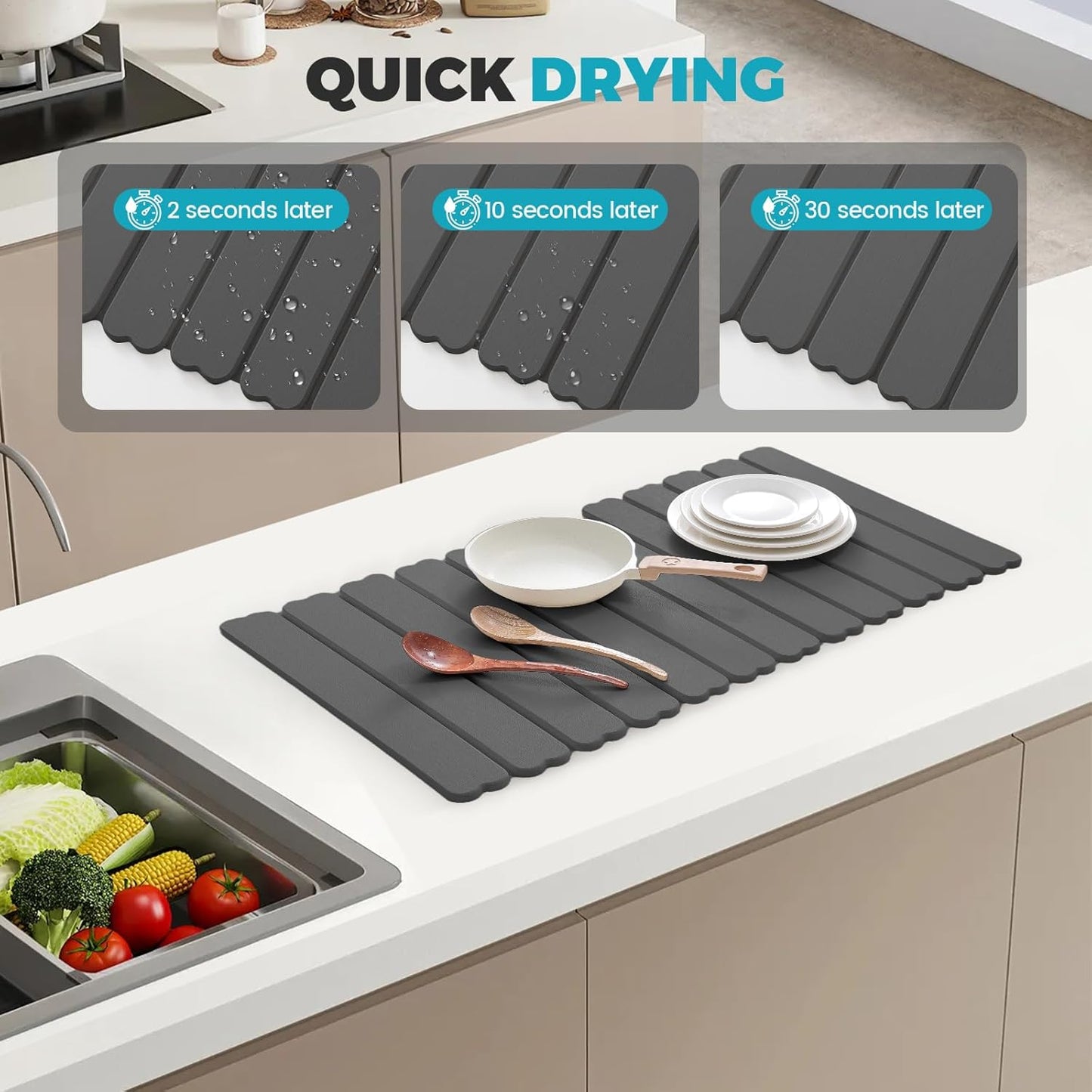 Extral Large Quick Dry Stone Drying Mat for Kitchen Counter,28x16 Inch Collapsible Eco-Friendly Absorbent Diatomaceous Earth Mat for Dishes Cups,Dish Drying Mats (Dark grey-Love shape, 28x16 inch)