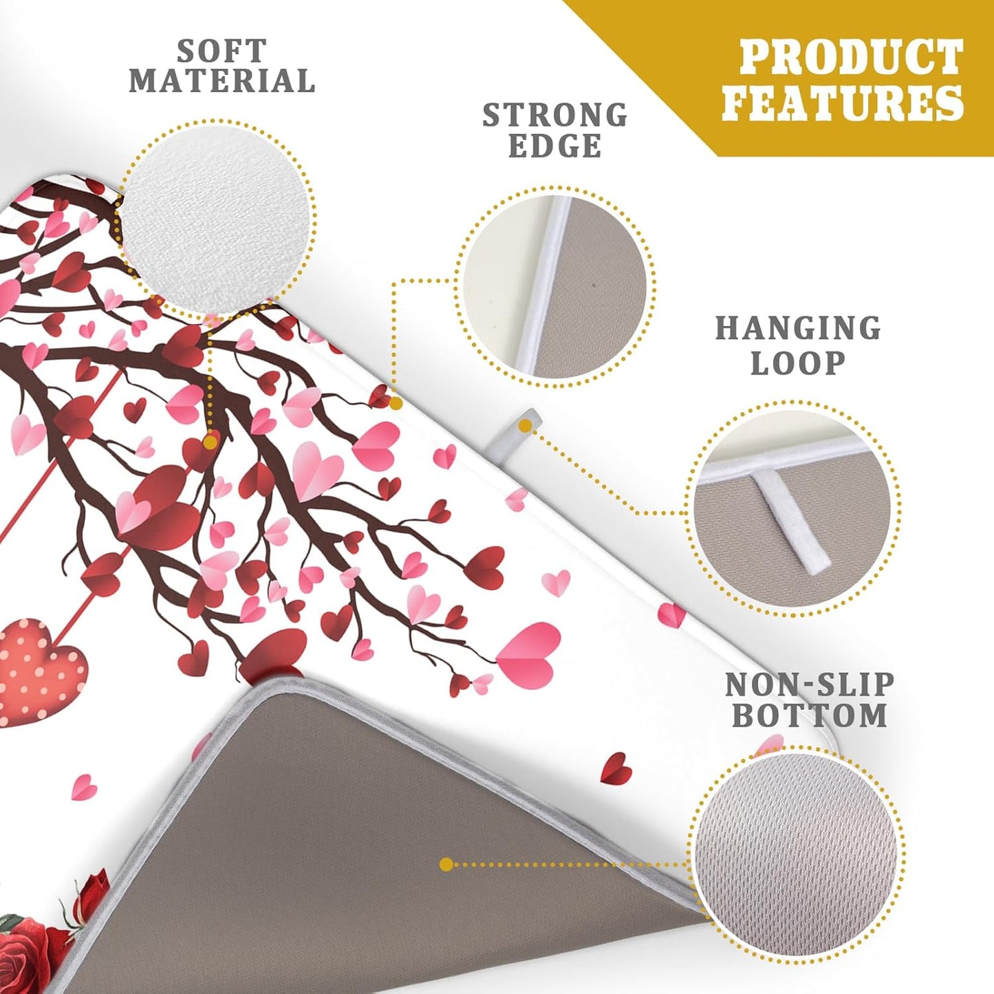 Giwawa Happy Valentines Day Dish Drying Mat for Kitchen Countertop, Red Love Hearts Rose Flowers Dish Drainer Mats, Romantic Absorbent Dish Drying Pad Wedding Decor, 18"x24", Large