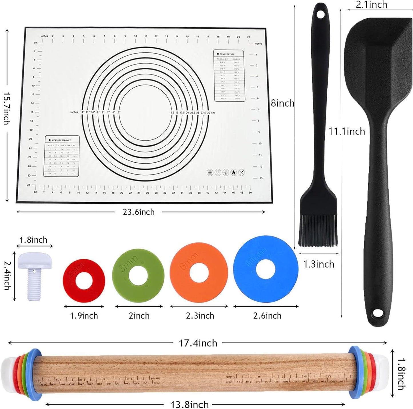 Adjustable Rolling Pin 4 Set and Silicone Baking Pastry Mat Setpastry,Siliconebrush and spatul,AdjustableThickness Rings,Wooden Dough Roller Rolling Pins for Baking Dough, Pizza, Pie