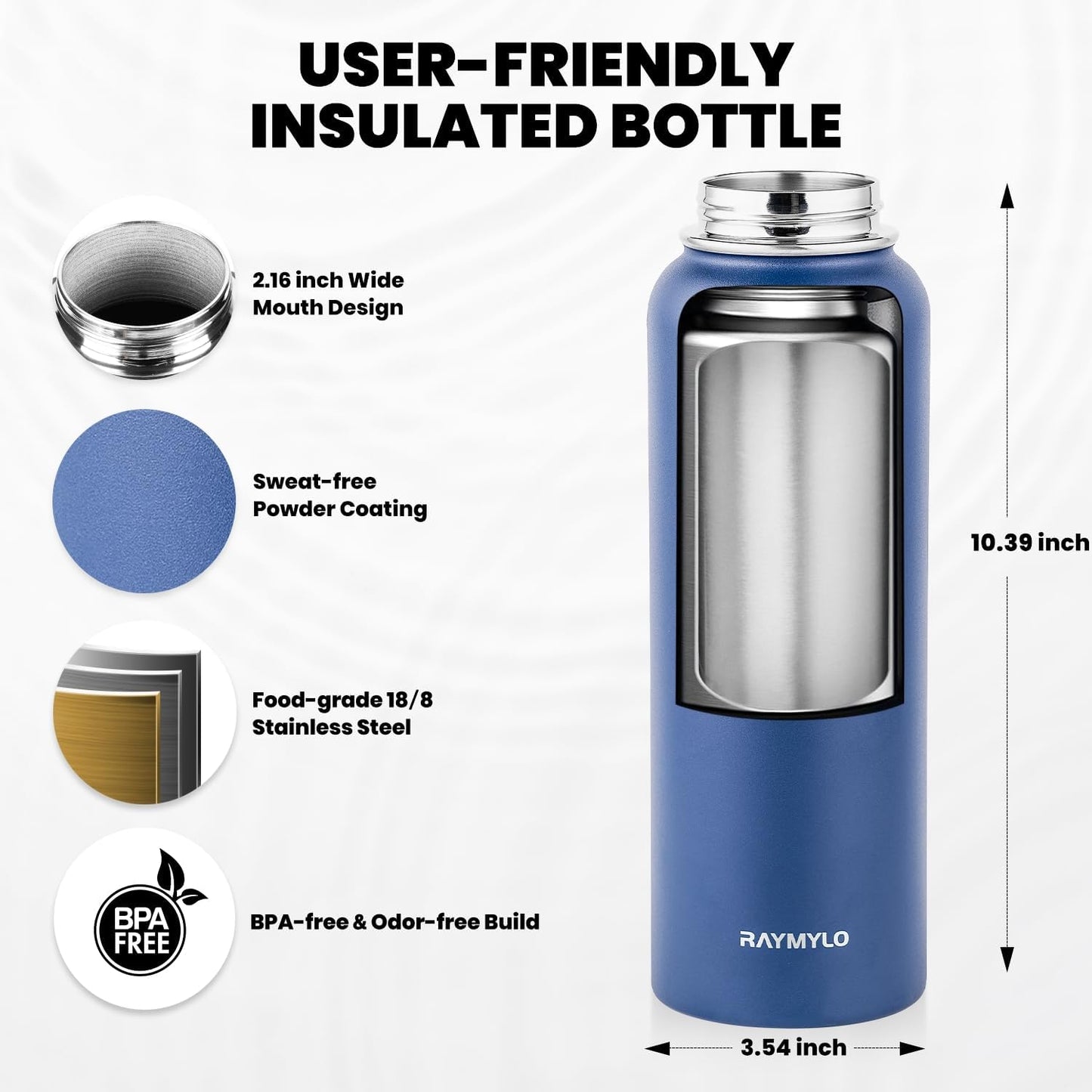 Insulated Water Bottle 40 oz, Triple Wall Vacuum Stainless Steel (Cold for 48 Hrs), Leak Proof & Non-BPA, Modern Water Flask Jug with Paracord Handle & Straw Spout Lids, Navy Blue