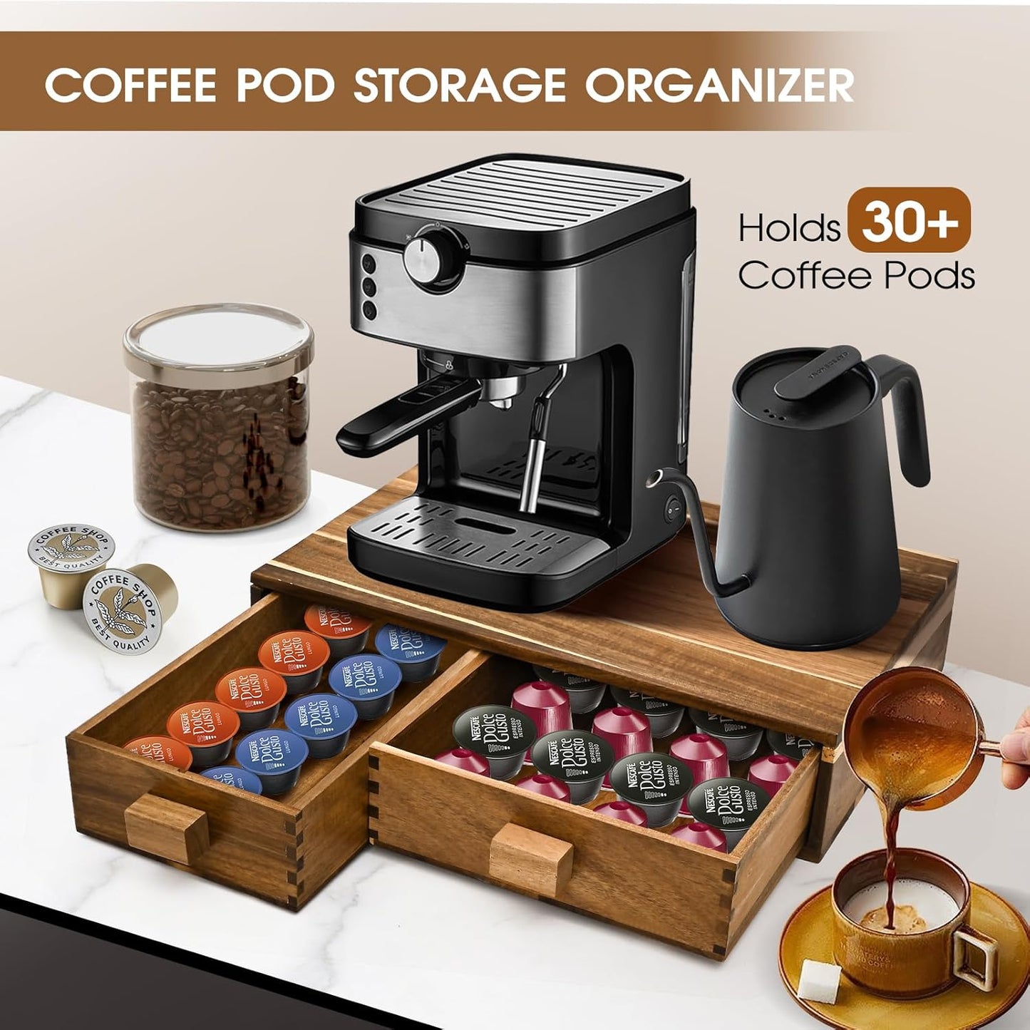 Acacia Wood K Cup Holder，Coffee Pods and Tea Bag Storage Organizer，with Two Drawers Kcup Holders for Counter，Multi-Functional Coffee Maker Stand