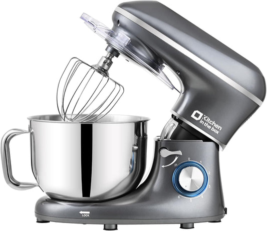 Kitchen in the box Stand Mixer, 6.5QT 660W Kitchen Electric Mixer, 6-Speed Tilt-Head Food Mixer with Dough Hook, Wire Whip, Beater, Dishwasher Safe (Grey)