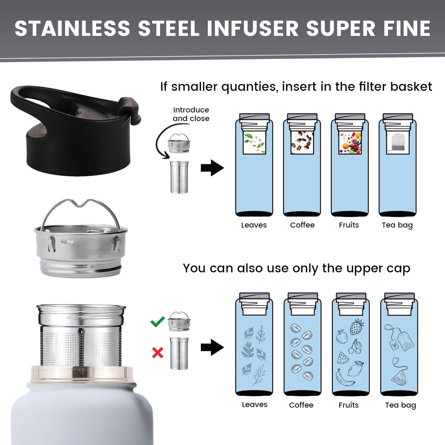 Lexlion 32 Oz Triple Walled Insulated Stainless Steel Fruit Infuser Water Bottle, Leakproof, 3 Lids, Infuser, Silicone Sleeve