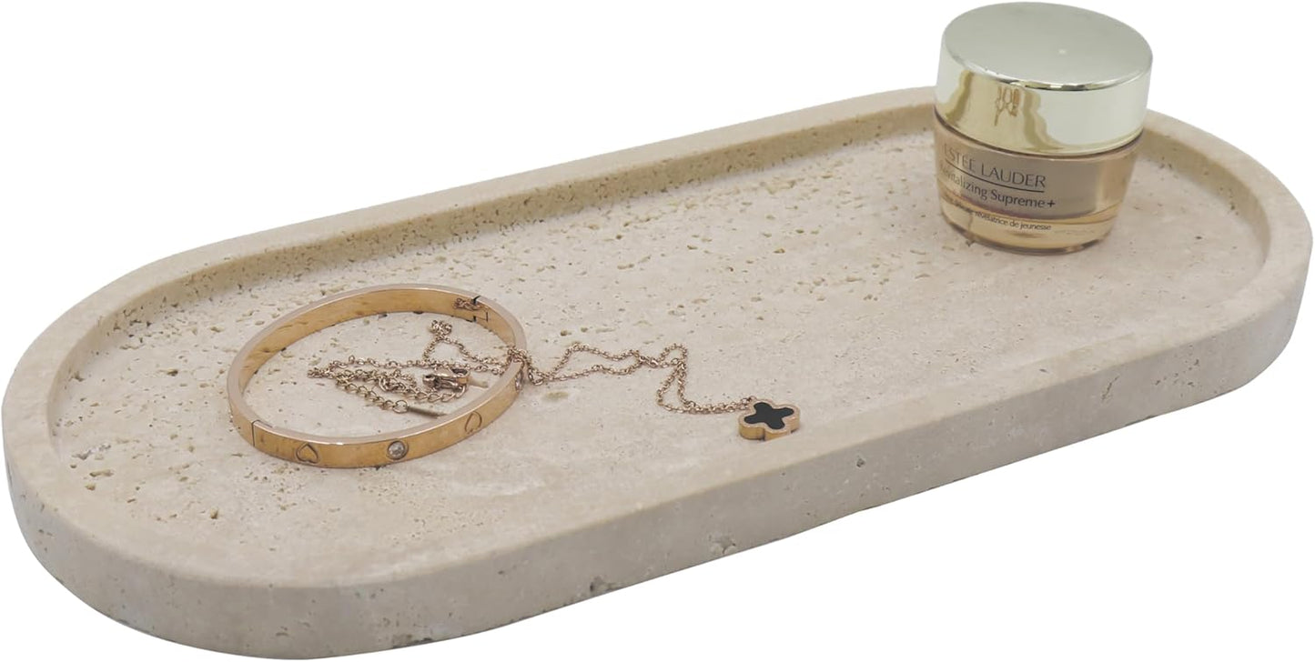 Natural Marble Tray, Oval Vanity Decorative Tray for Bathroom Counter, Countertop Stone Organizer, Catchall Tray for Kitchen, Perfume, Candles, Jewelry Dish Decorative Tray