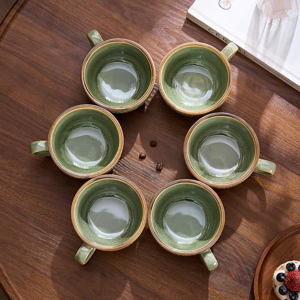 Set of 6 Vintage Design 12 oz Professional Barista Ceramic Latte Art Cappuccino Cups Set (Wave Green)