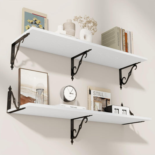 RICHFOCUS 12 Inch Deep Floating Shelves for Wall, 39" W x 12" D Wood Wall Shelves Set of 2, Wide Floating Shelves for Living Room, Bedroom, Kitchen, Bathroom and Decor Storage, White