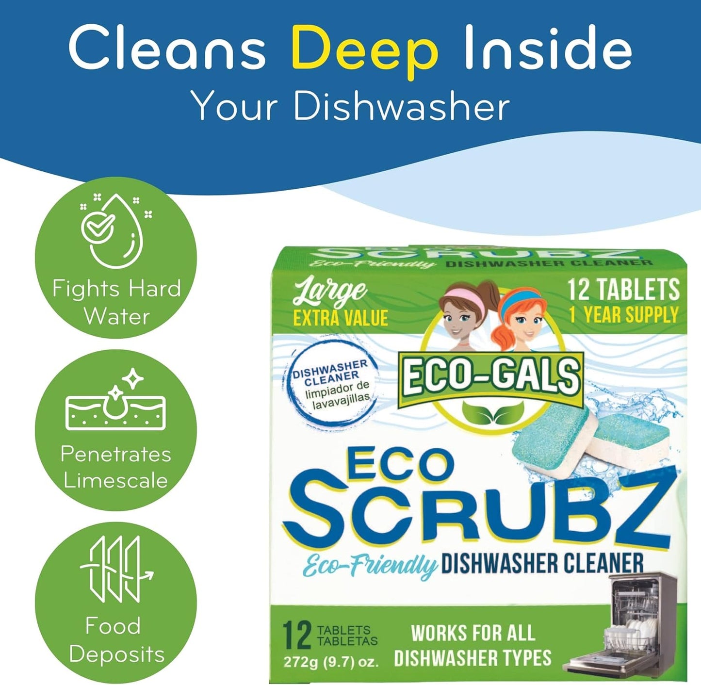 Dishwasher Cleaner, Heavy Duty, Septic Safe, Removal of Odors, Limescale, Smell, Grime, and Calcium - 12 Tablets - 12 Month Supply - Unscented