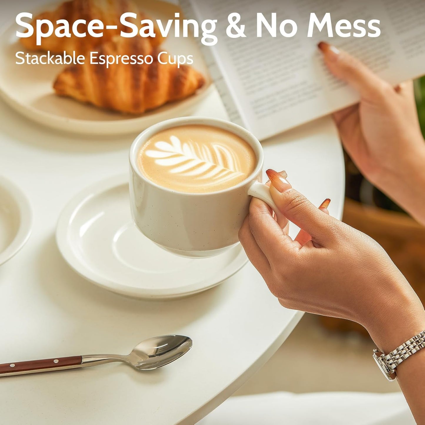 Sweese Porcelain Cappuccino Cups Set - 8 oz Stackable Coffee Mugs with Saucers, Metal Stand, Dove Grey, Set of 4