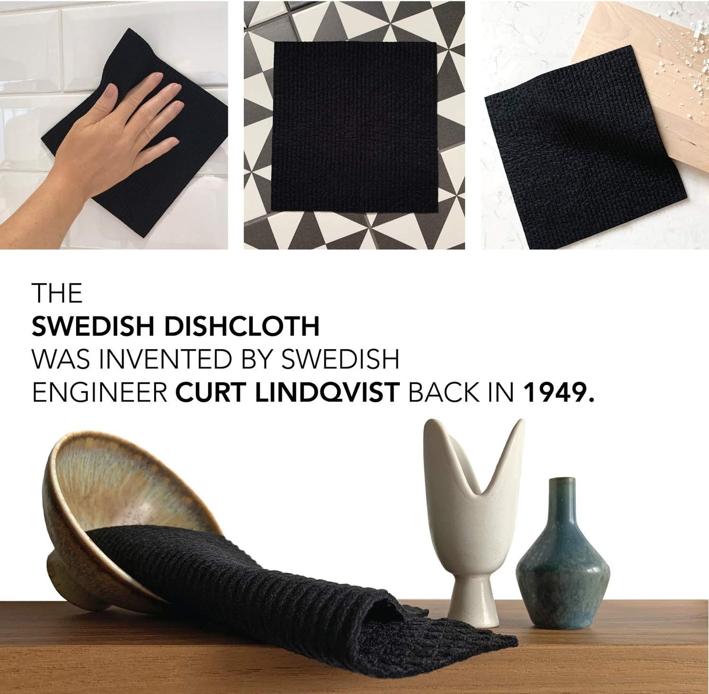 Black Swedish Dishcloths for Kitchen - Set of 3 Swedish Dish Cloths | Swedish Dish Towels Made in Sweden | Reusable, Compostable Black Dishcloths for Kitchen