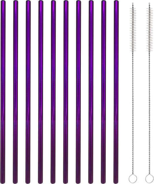 10 Pcs Stainless Steel Straws, Reusable Drinking Straws, Straight Metal Straw Sets with 2 Pcs Cleaning Brushes (10.5 Inch, Purple)