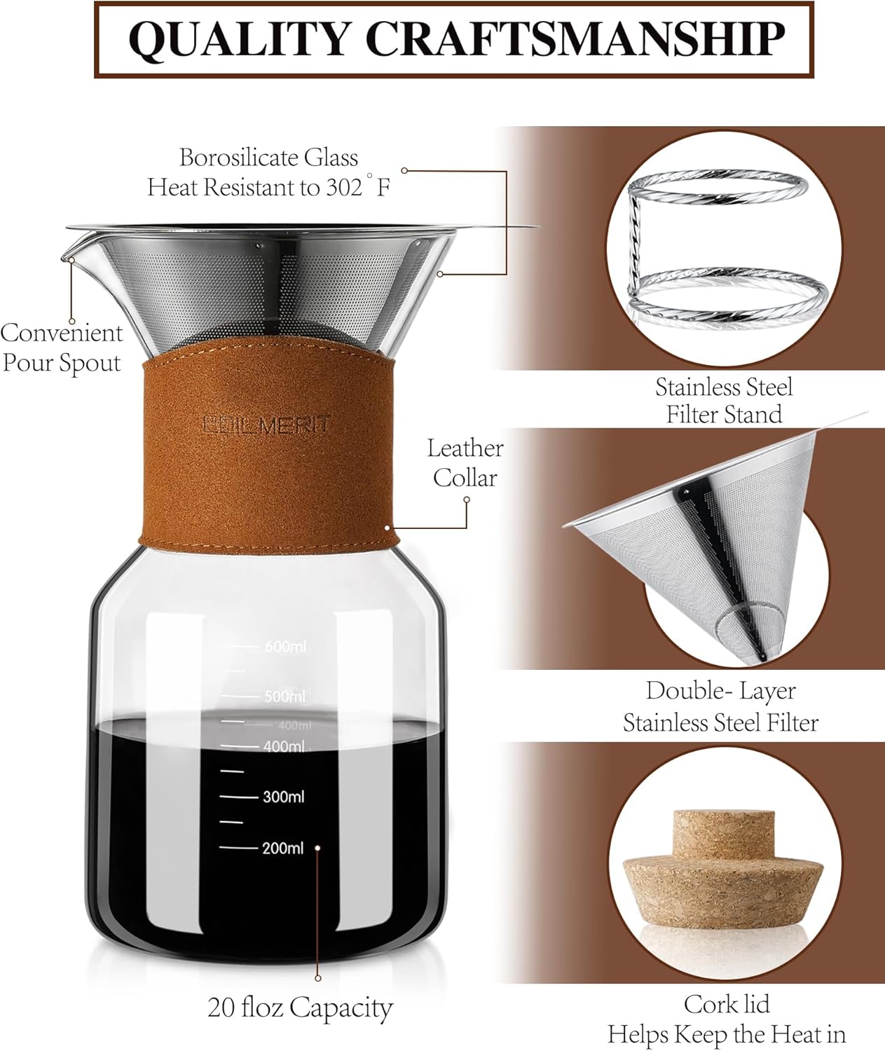 Pour Over Coffee Maker with Double-Layer Stainless Steel Filter, 20 oz Pour Over Coffee Dripper, Glass Carafe with Vintage Leather Collar and Cork Lid & Filter Stand for Espresso