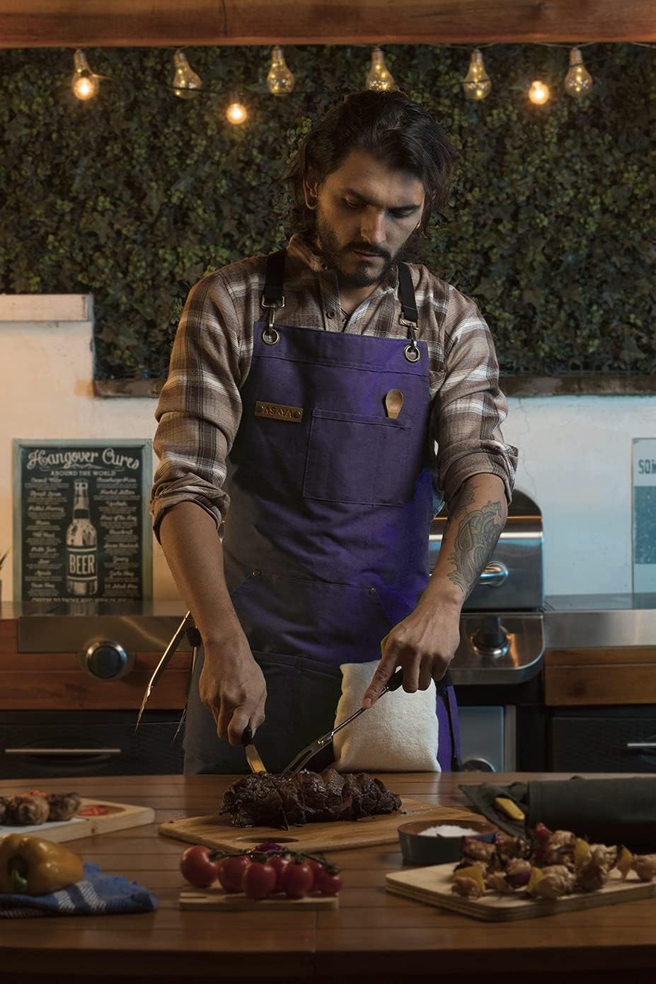 Asaya Chef and BBQ Apron with Bottle Opener and Hand Towel - 10oz Cotton Canvas, Stainless Steel Hardware - Cross Back Straps