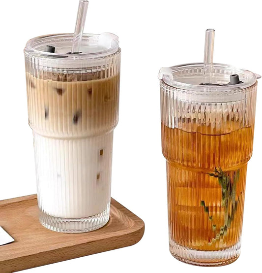 2 Pack Iced Coffee Cup with Lids, 20oz Clear Glass Tumbler with Straw & Lid, Ribbed Glassware Cups, Dishwasher Safe Drinking Glasses, Stylish Glass Cups for Coffee, Juice, Tea, Matcha