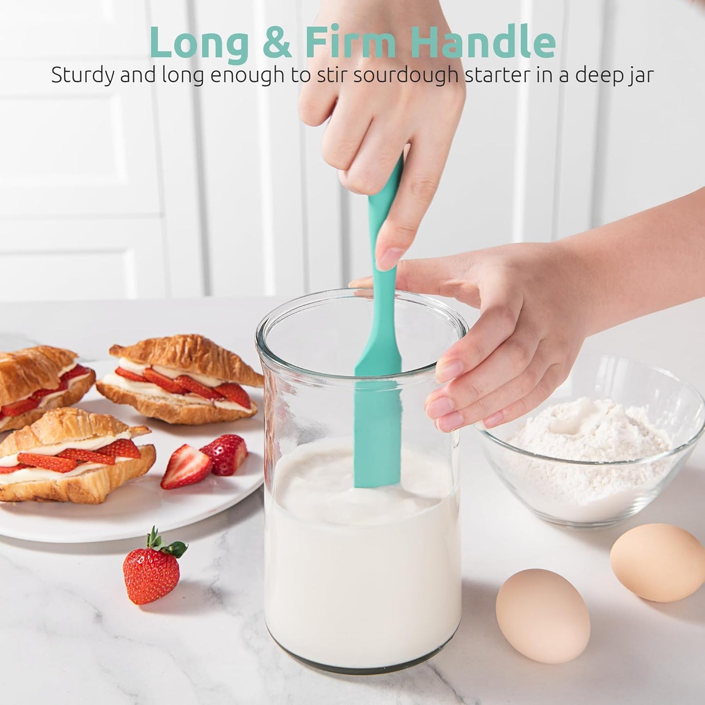 U-Taste Skinny Silicone Jar Spatula: 600ºF Heat-Resistant Food-Grade 10in Long Narrow Sourdough Stirring Stick, Seamless Flexible Peanut Butter Spreader for Scraping Icing Bread Cream, Jam (Aqua Sky)