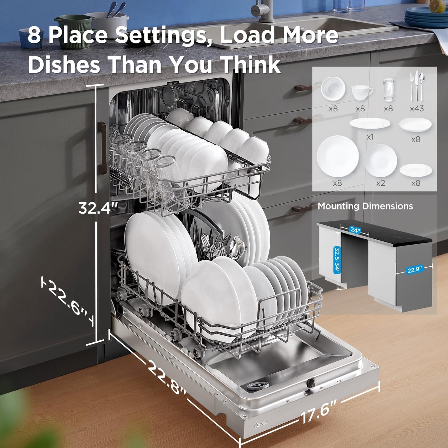 Midea MDF18A1AST Built-in Dishwasher with 8 Place Settings, 6 Washing Programs, Stainless Steel Tub, Heated Dry, Energy Star