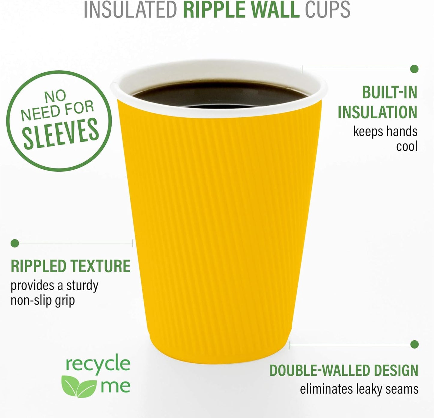 Restaurantware 4 Ounce Ripple Insulated Coffee Cups, 500 Double Wall Corrugated Tumblers, Leakproof, Non-Slip Yellow Paper Design, Recyclable, Ribbed Surface, Matching Lids Sold Separately