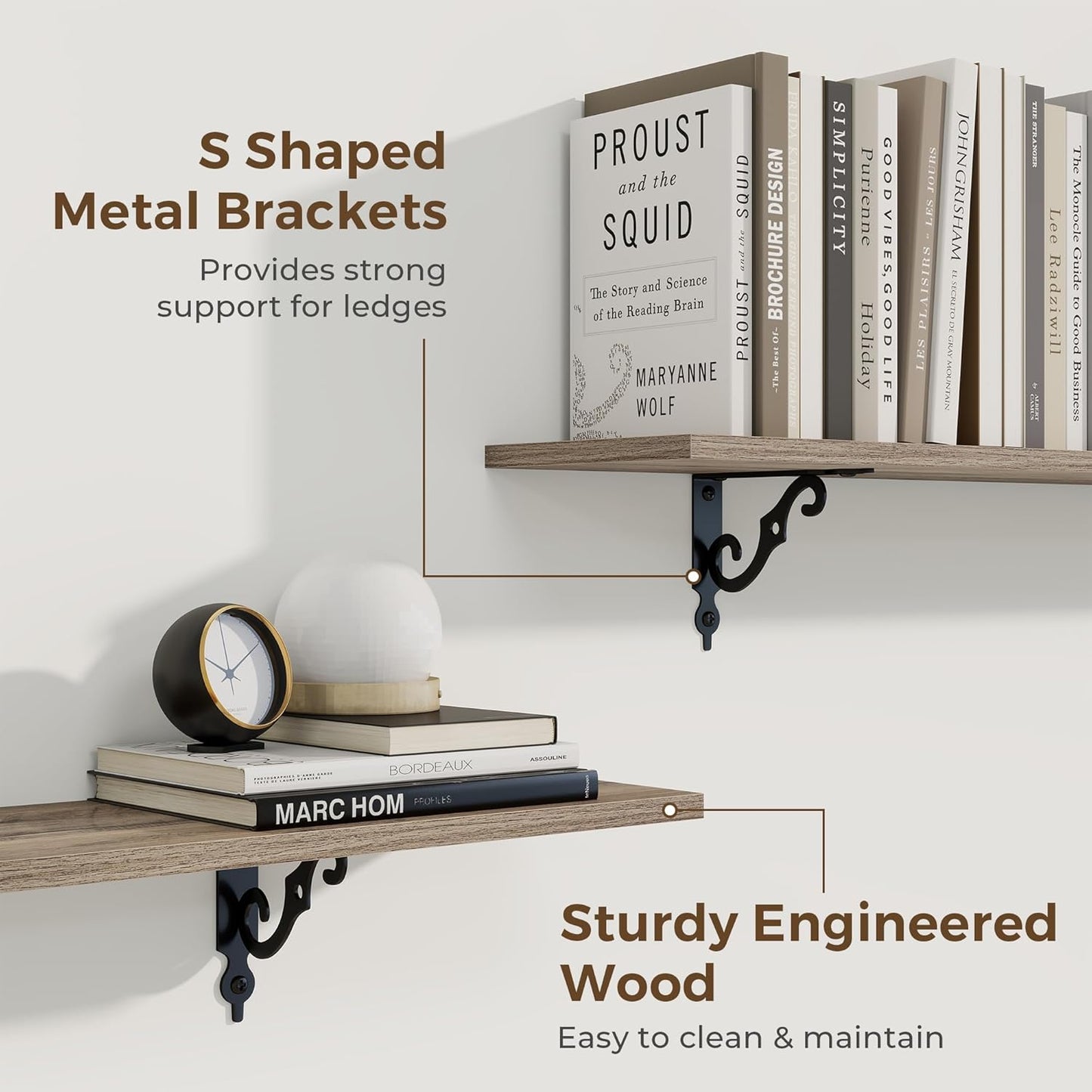 RICHFOCUS Floating Shelves for Wall Decor, 39.4W x 8D Wall Shelves Set of 2, 8 Inch Deep Rustic Wood Shelves Wall Mounted with Brackets, Long Floating Shelves for Living Room Bedroom Kitchen, Grey