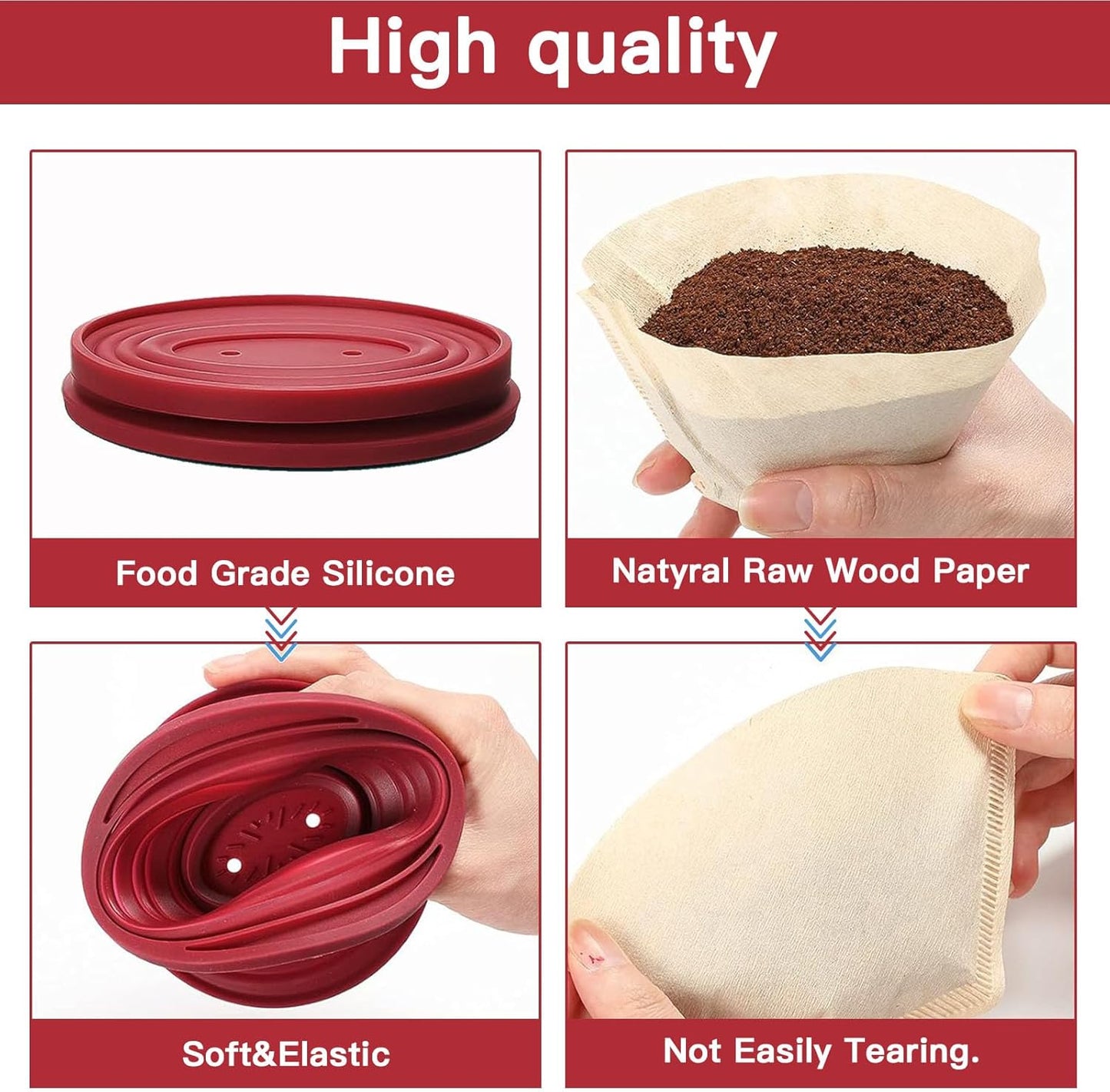 Collapsible Pour Over Coffee Dripper Set - Silicone Reusable Cone Filter Holders with 100Pcs Paper Filters - For Home, Camping, Travel, Office (1, Red)