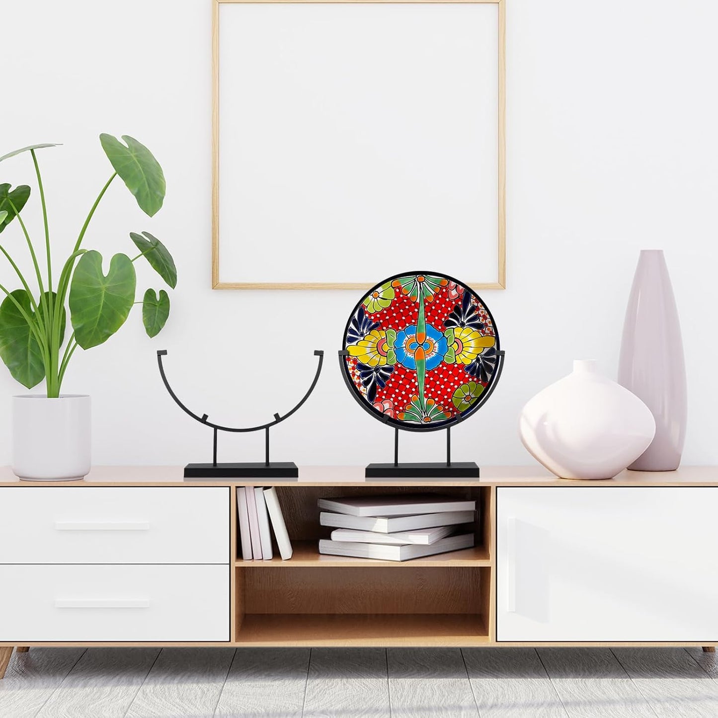 Blulu 4 Pcs 12 Inch Round Metal Display Stands for Stained Glass Art Fused Display Stands Decorative Fused Glass Art Base for Plate Picture Platter Photo(Black)