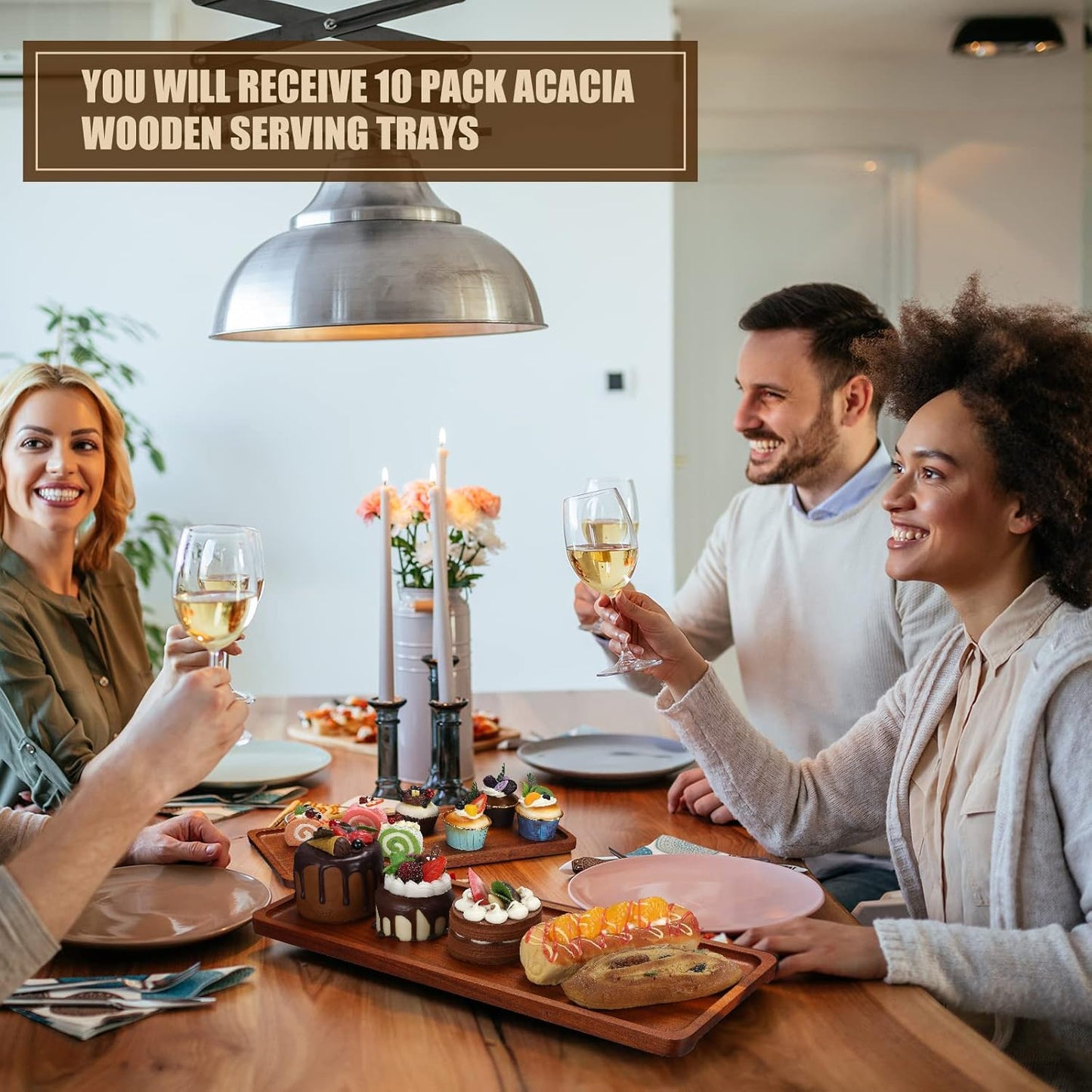 10 Pack Solid Wood Serving Trays 16.7 x 6.4 Inch Acacia Wooden Server Platter Rectangular Charcuterie Boards with Grooved Handle for Home Room Coffee Cheese Appetizer Table Farmhouse Serving Decor