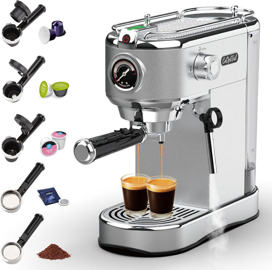 20-Bar Espresso Machine & Coffee Machine – Compatible with Nespresso, Keurig K Cup – Hot & Cold Brew, Milk Frother, Stainless Steel – 10 oz Espresso Cup - Latte Machine & Cappuccino Machine