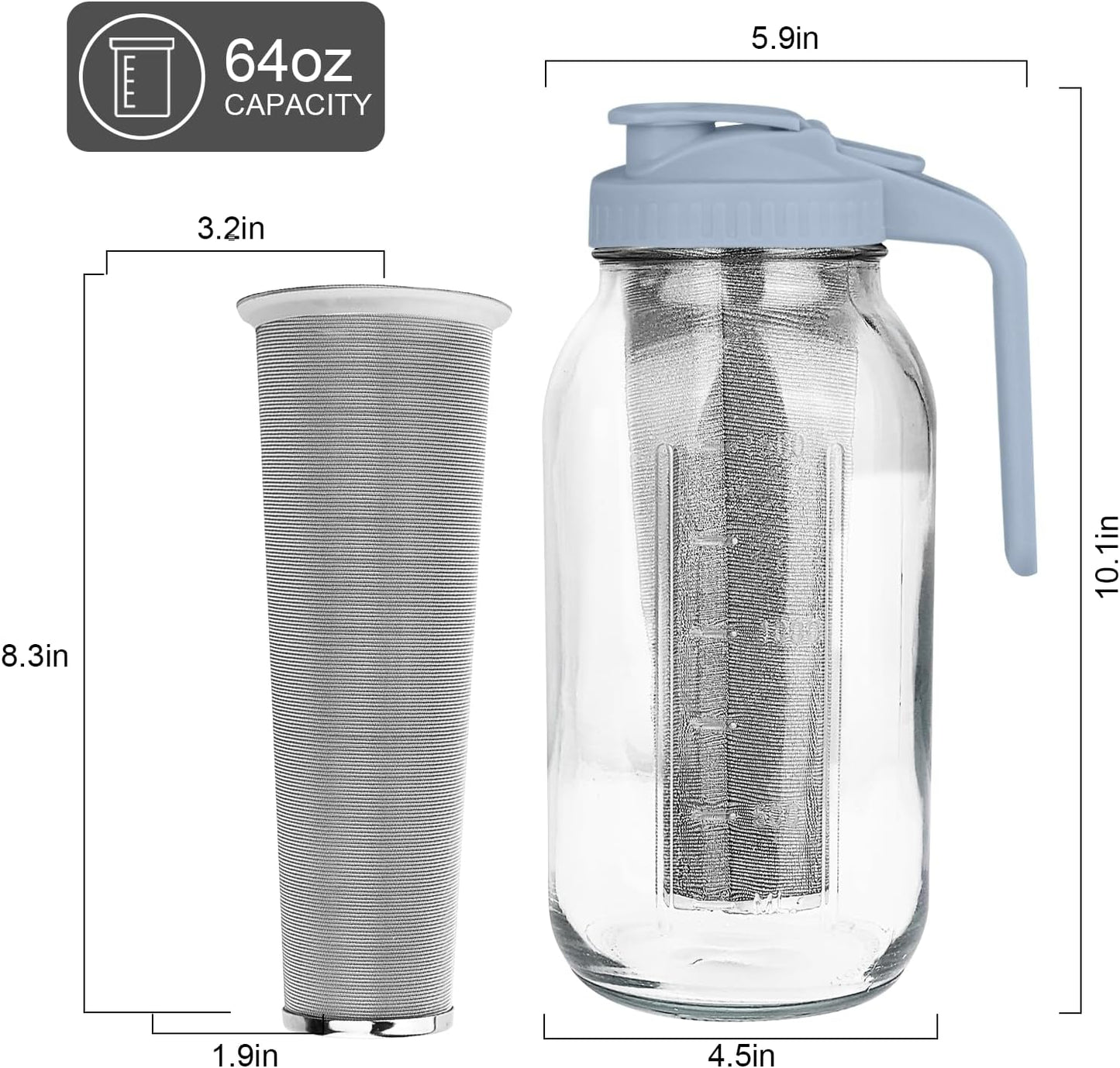Cold Brew Coffee Maker,64 oz Mason Jar Pitcher with Stainless Steel Filter, Pour Spout Handle Lid, Heavy Duty Glass Airtight & Leak-Proof Pitcher for iced coffee Tea Lemonade-Gray
