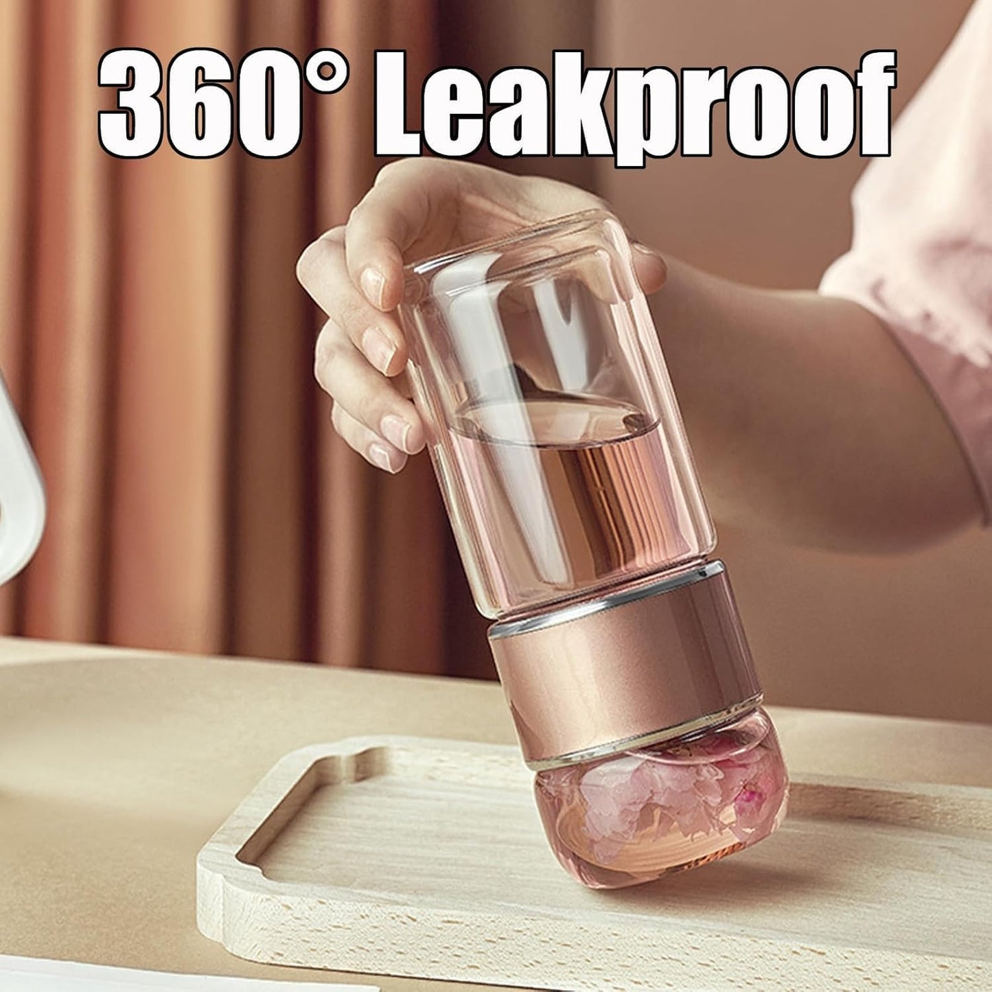 Tryteava Glass Infuser, Tryteava 3-in-1 Smart Tea Infuser, Portable Glass Double Wall Tea Infusers Bottle, with Stainless Steel Filter, Hot & Cold Brew, For Loose Leaf, Office Home (Pink, 350ml)