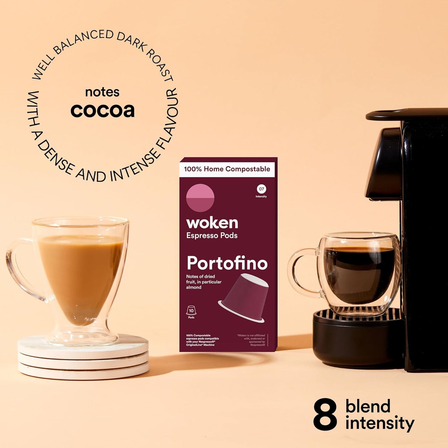 WOKEN COFFEE Compostable Nespresso Pods - Portofino Medium Roast Italian Espresso Coffee Capsules Compatible With Nespresso Coffee Machine (60 Pod Count, 6 Boxes)