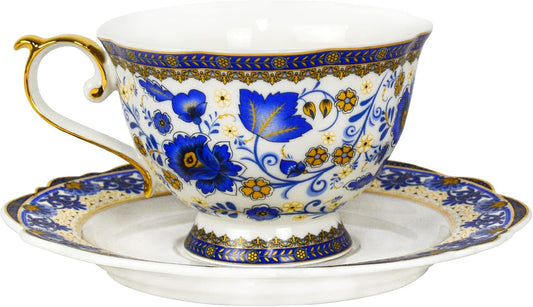 ACMLIFE Bone China Tea Cups and Saucers, 6.8 oz Tea Cup and Saucer Set, with Gold Trim and Gift Box, Blue and White (Blue-D)