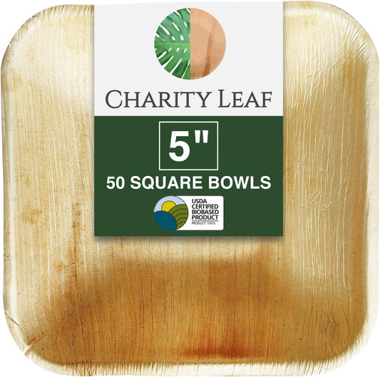 Charity Leaf Disposable Palm Leaf 5" Square Bowl (50 pcs) Dipping Bowls | Bamboo Like| All Natural and Biodegradable | Charcuterie Boards, BBQs, and Parties