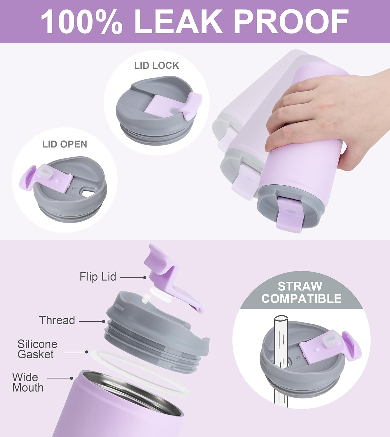 SUNWILL Travel Coffee Tumbler, Insulated Mug with Lid, Leak Proof Stainless Steel Cup 12 oz for Water, Tea, Ice, Powder Coated Lavender
