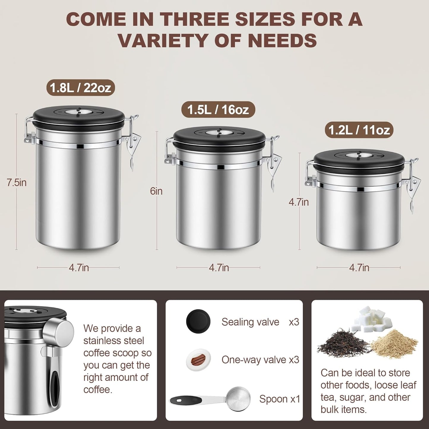 ShanSon Coffee Canister Airtight Coffee Container Stainless Steel Coffee Bean Storage Container with Scoop Coffee Canister for Beans Grounds Sugar Flour Tea Cereal,11OZ,Silver