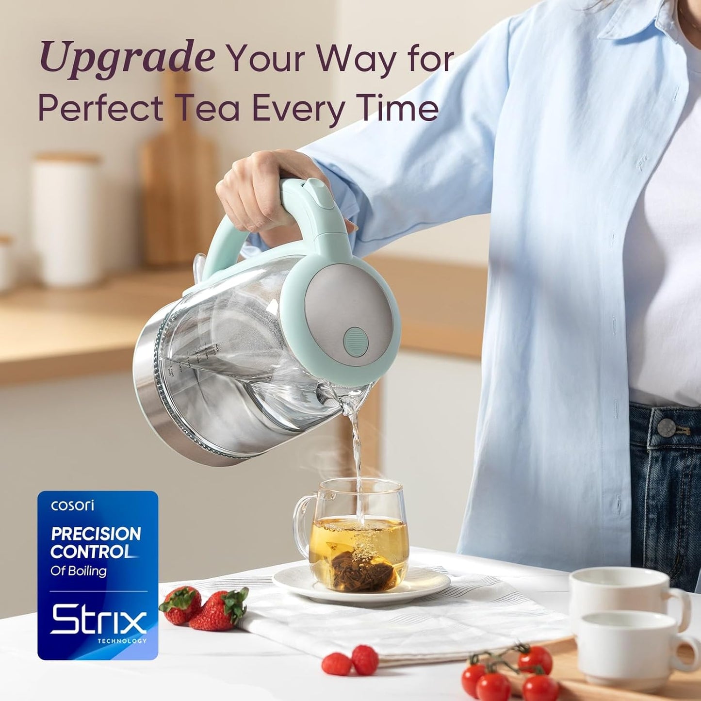 Cosori Electric Kettle, No Plastic Filter & Spout, Tea Kettle & Hot Water Boiler For Coffee & Tea, Water Heater & Teapot, Automatic Shut Off, Borosilicate glass, Green, 1.7L/1500W