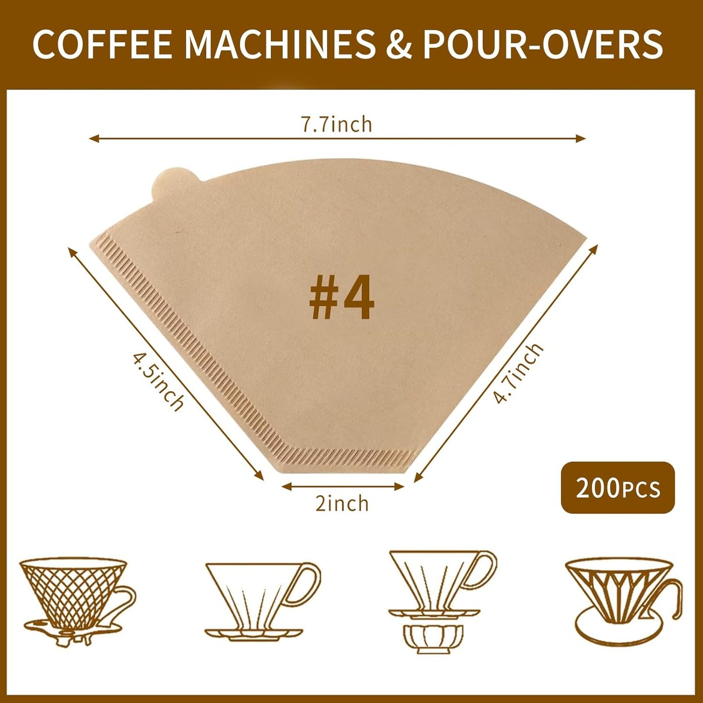 Coffee Filters #4，Cone Coffee Filter 8-12 Cup，200 Unbleached Natural Coffee Filters