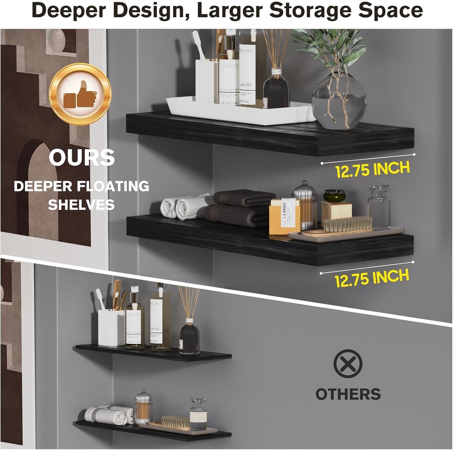 Floating Shelf, Set of 1 Wall Shelf, 24 in W x 12.75 in D x 2 in H Wooden Floating Wall Shelf with Invisible Brackets for Living Room/Bedroom/Bathroom/Kitchen Storage and Decor, Black Wood