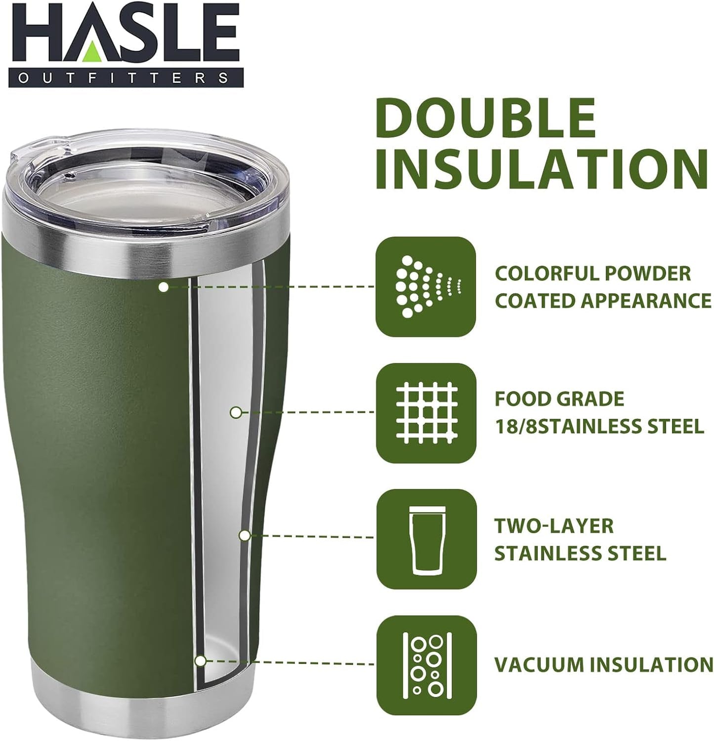 HASLE OUTFITTERS 20 oz Tumbler Bulk, Stainless Steel Tumblers with Lid, Vacuum Insulated Tumbler, Double Wall Powder Coated Cup, coffee mugs, Army Green, 1 Pack
