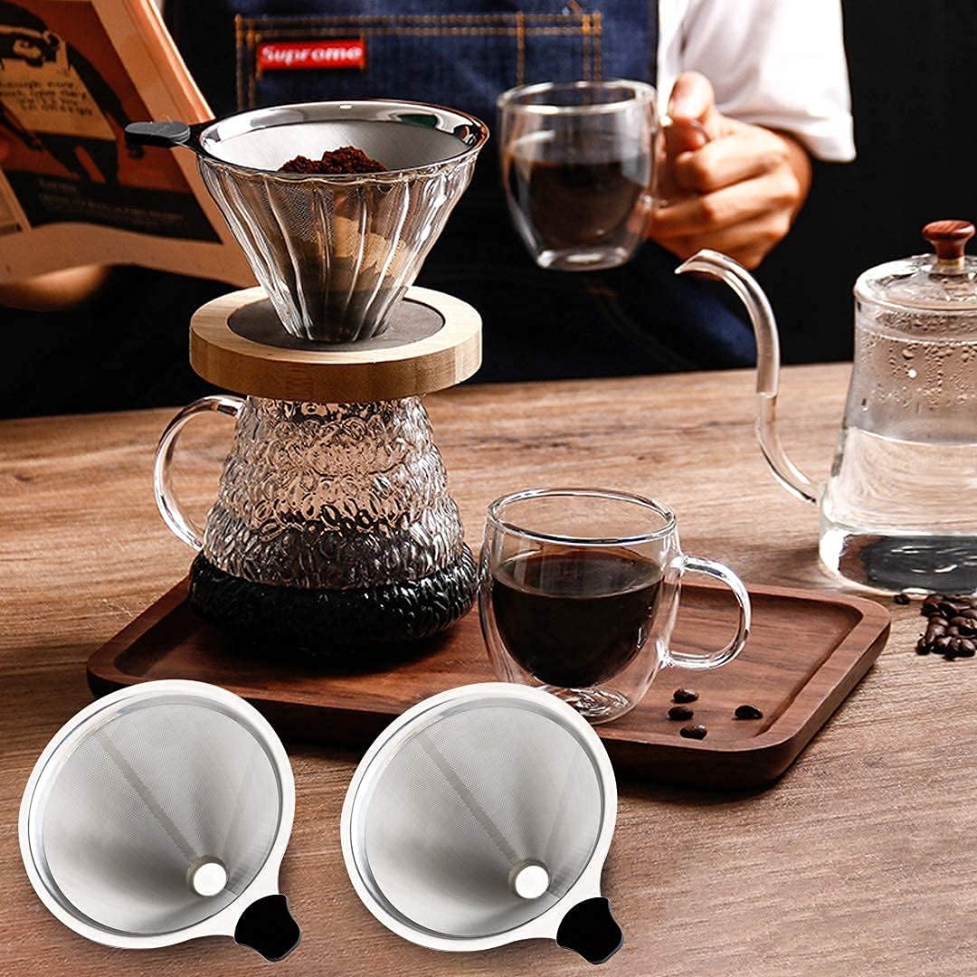 Pour Over Coffee Filter 2PCS, Stainless Steel Coffee Filter, Paperless Reusable Cone Coffee Dripper