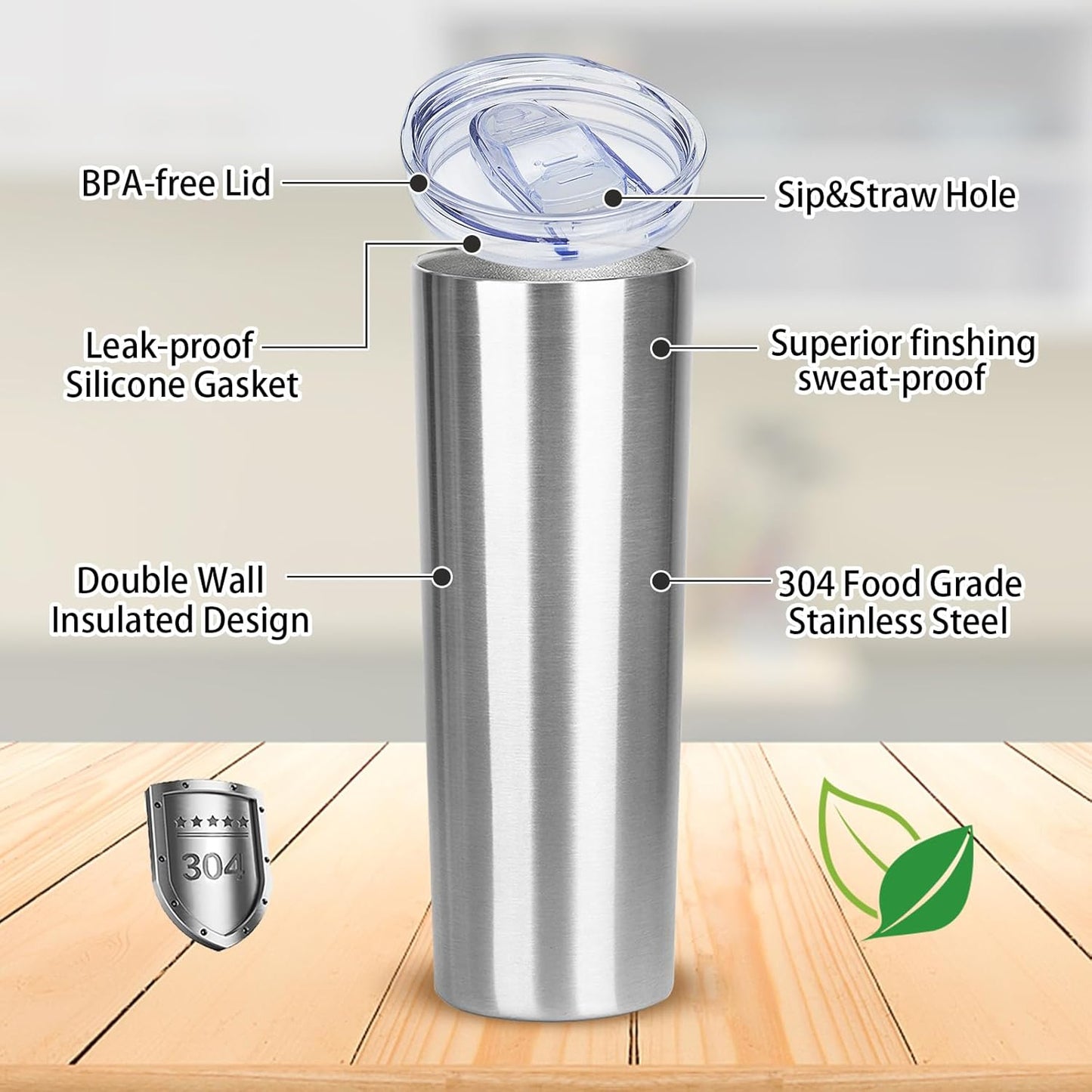 20 oz Skinny Tumbler with Lid and Straw,Stainless Steel Vacuum Insulated Tumbler Cup Double Wall Leak-proof Coffee Mug,Travel Thermal Water Tumbler for Office,Outdoor(Silver,1)