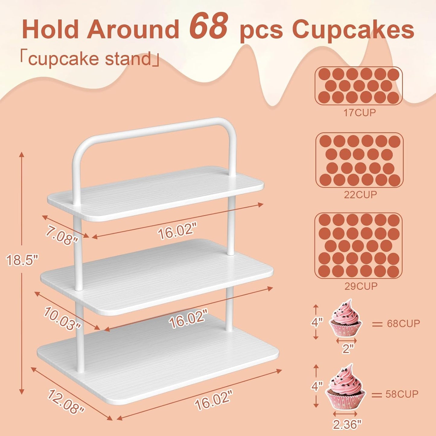Cupcake Stand, 3-Tier Dessert Stand for 68 Cupcakes, Wood & Metal Tower Display Premium Holder Dessert Tree Tower for Wedding Graduation Birthday Christmas Party, Serving Tray, White