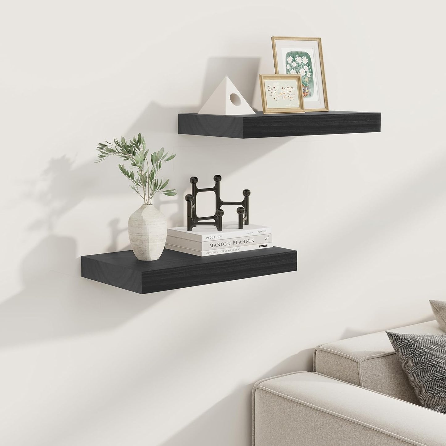 Fun Memories 9 Inch Deep Black Floating Shelves, Farmhouse Rustic Natural Wood Floating Shelf Wall Mounted, 16 x 9 Wall Shelves Set of 2, Deep Black Bathroom Shelves