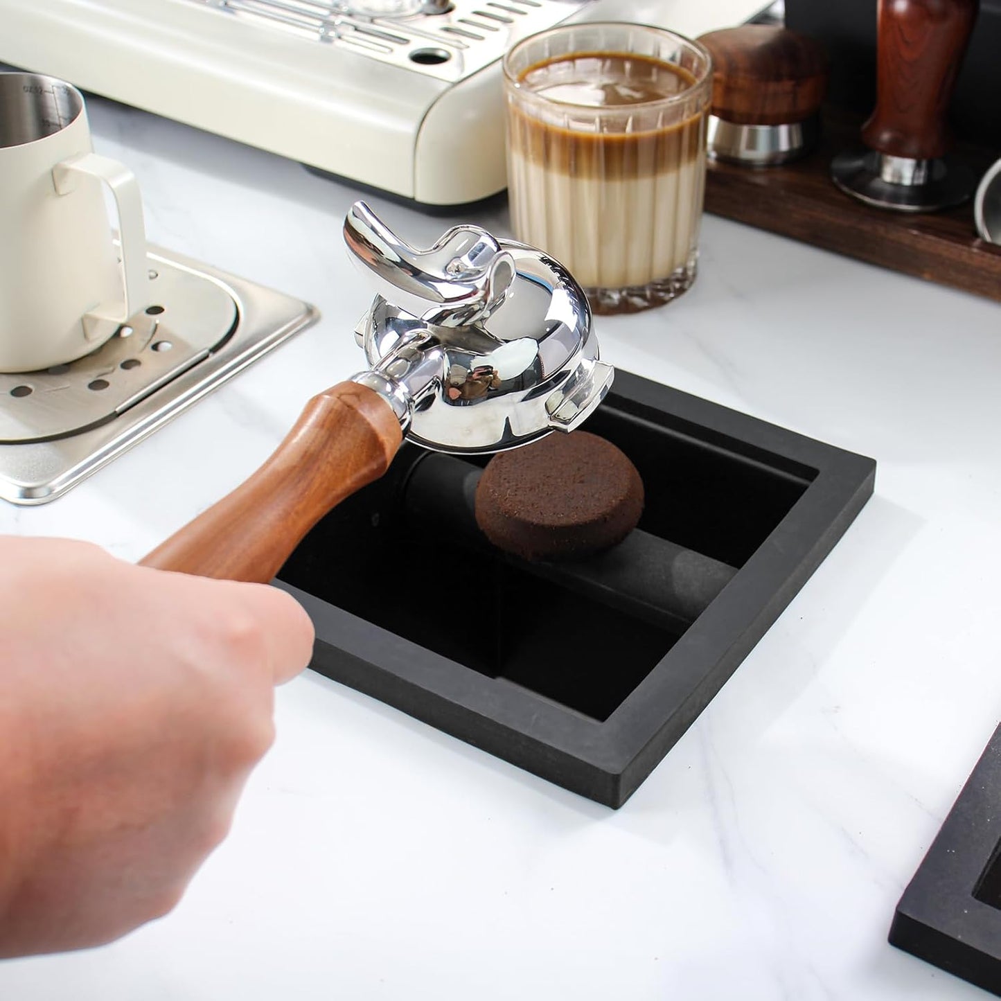 Espresso Coffee Ground Knock Box Chute, Built-in Desktop Waste Bucket, Stainless Steel Bottomless Knocking Residue Box (Rectangle)