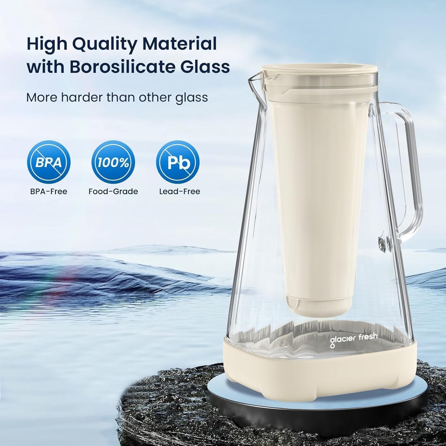 GLACIER FRESH 10 Cup Purela Glass Water Pitcher with 1.6X Flow Rate Upgraded Ultrafiltration Membrane and Activated Carbon Filter, Reduces 99% Chlorine, PFOA&PFOS, Coliforms, White